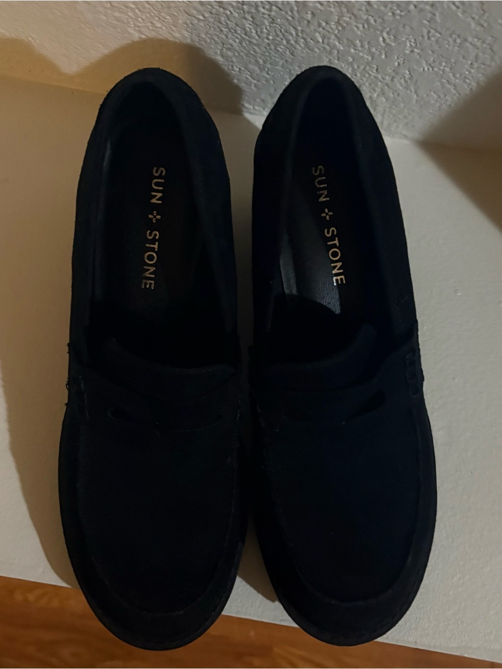 Sun + Stone Black Suede Penny Loafers